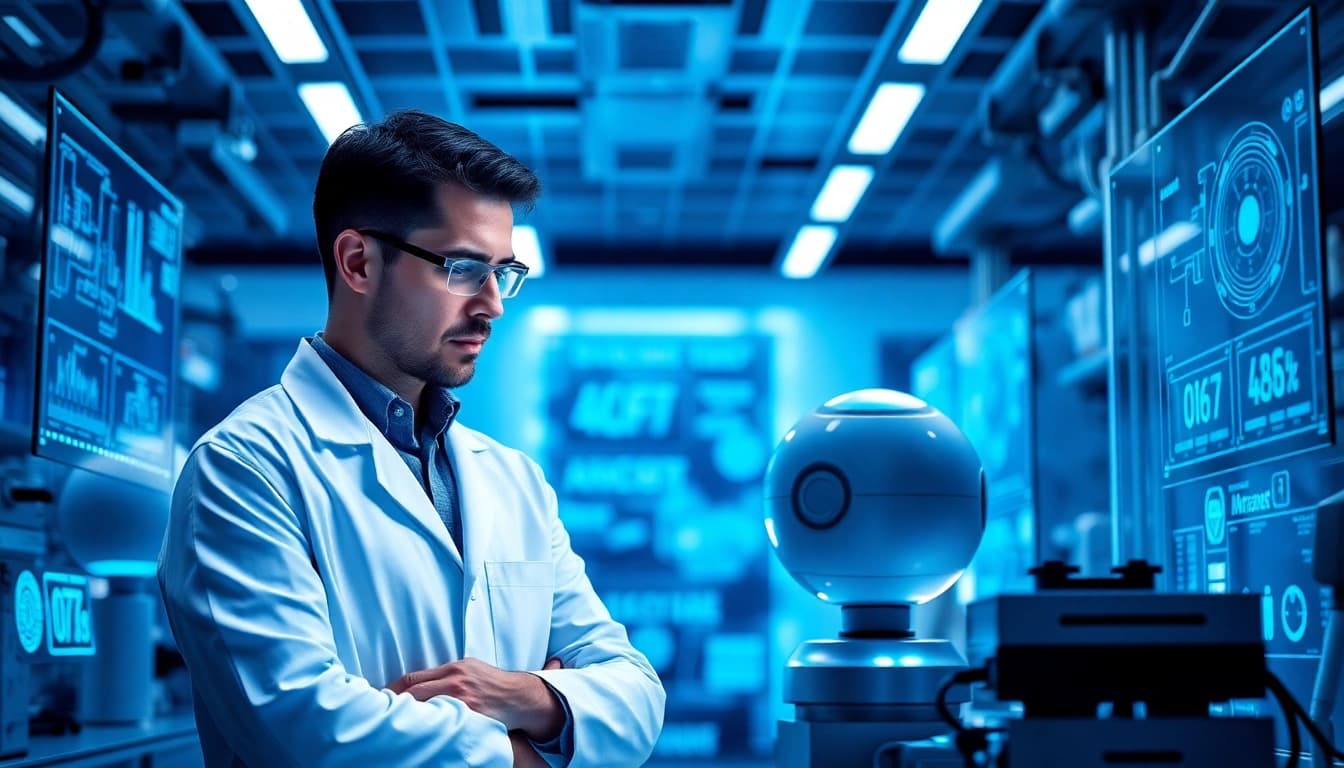 Image to prompt of a scientist in a futuristic lab with a hovering robot assistant and advanced technology.