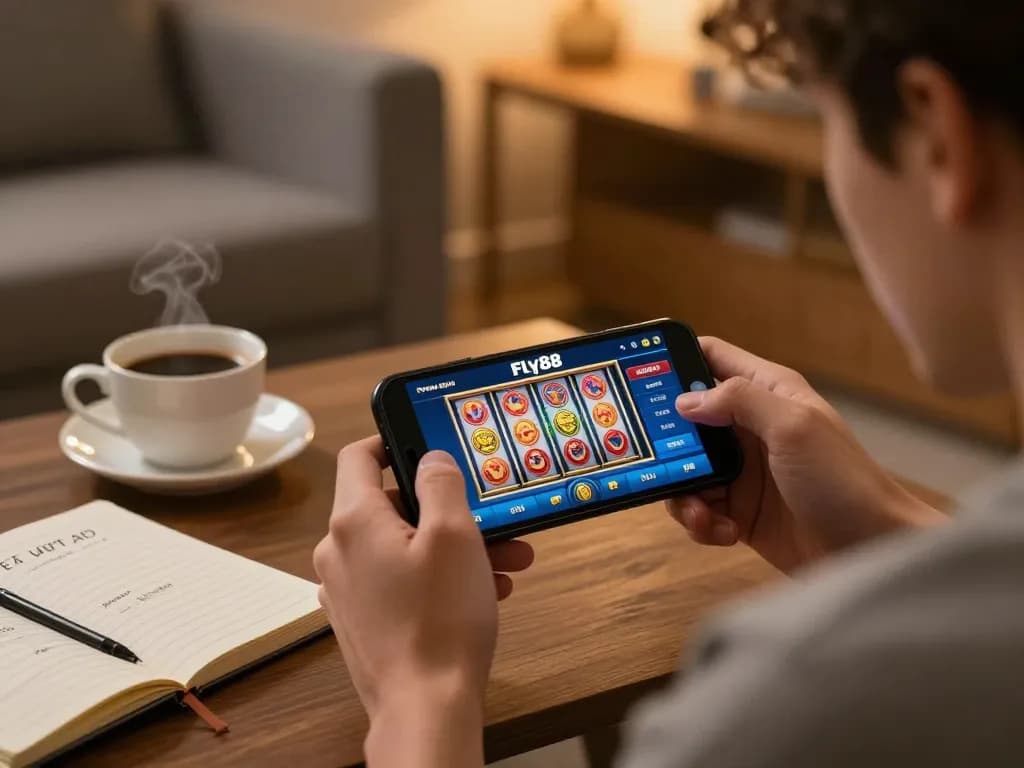 Player using fly88 app to spin slots on smartphone in cozy home setting with strategic notes.