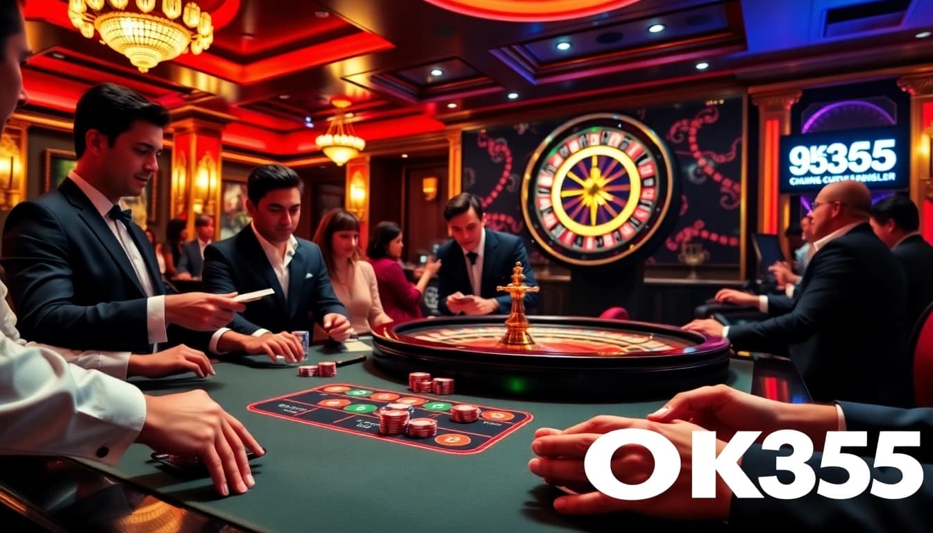Players enjoying a thrilling poker game at OK365's luxurious casino, showcasing excitement and strategy.