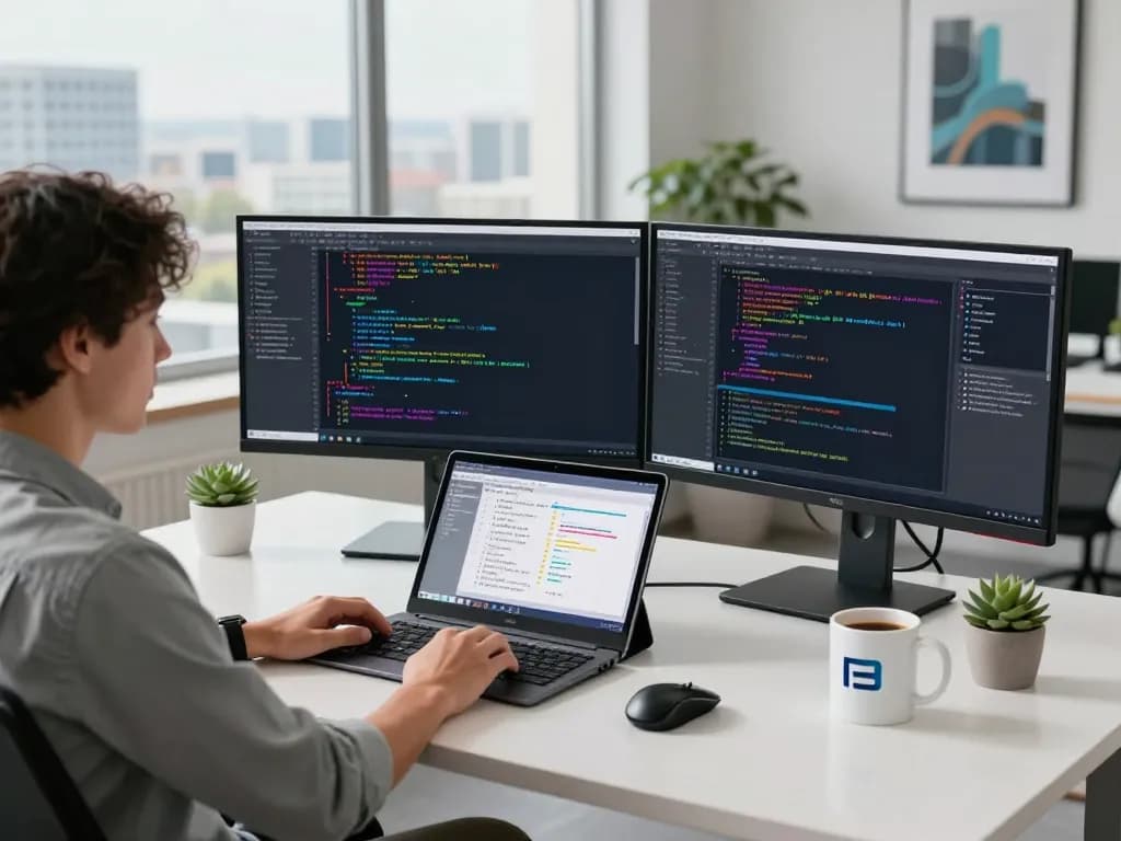 Software engineer coding innovative Siemens AI algorithms in a modern workspace with dual monitors and city view.