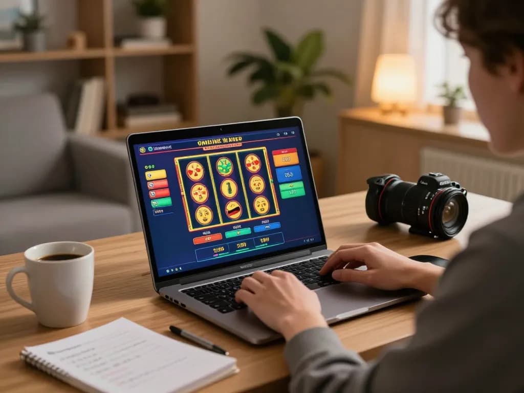 Pemain Bintangmpo yang terlibat dalam slot online di rumah dengan laptop, menampilkan permainan strategis.
