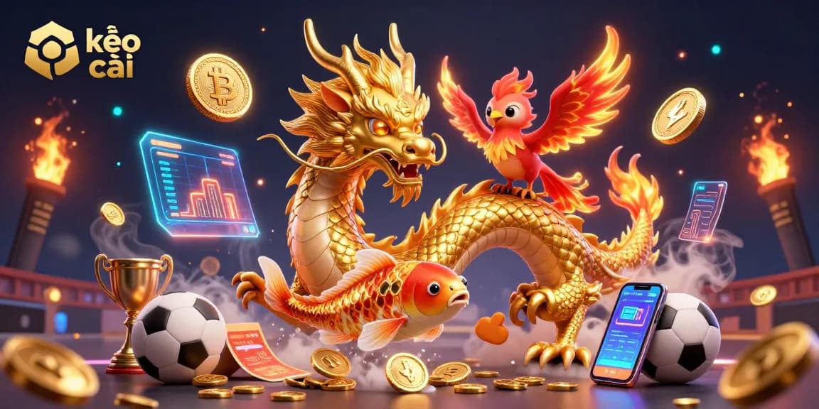 Engage with the vibrant kèo nhà cái illustration showcasing golden dragon, phoenix, and koi amidst sports elements.
