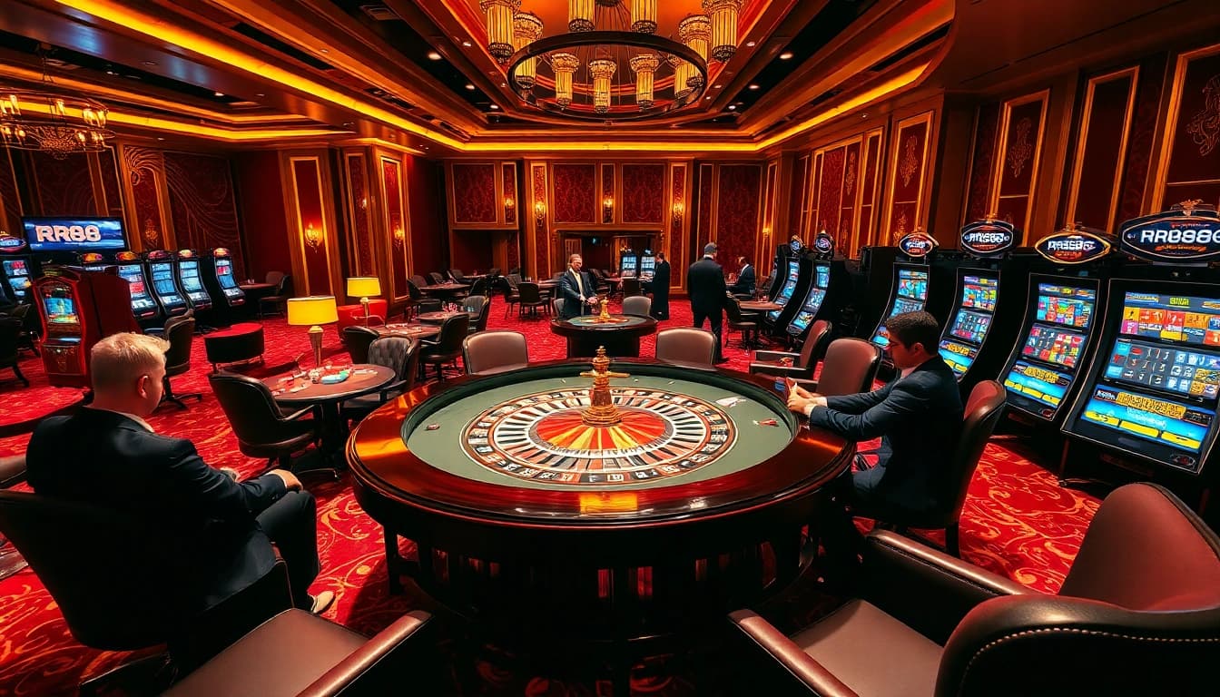 Players enjoying a thrilling game at RR88's luxurious casino table, complete with cards and chips.