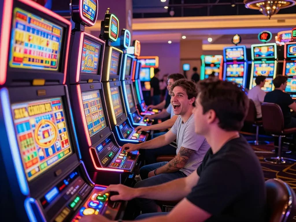 Players engage in slot depo 1k action at colorful casino slot machines, capturing the excitement of gaming.