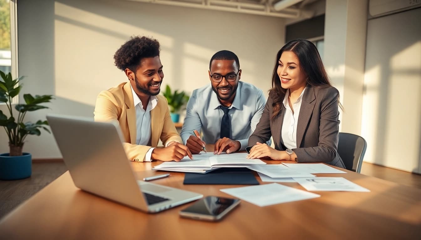 Engaging Proposal Writing and Management discussion with collaborative consultants in a modern office setting.