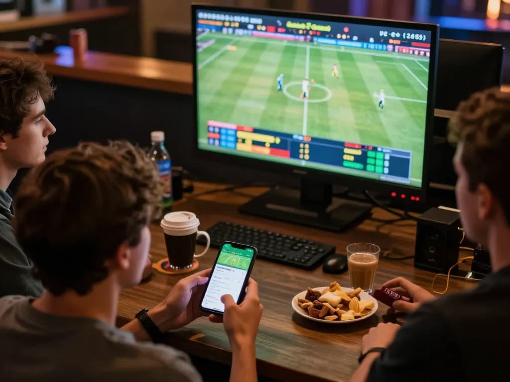 Person placing bets on trusted trang cá cược bóng đá uy tín using smartphone while watching live sports event.