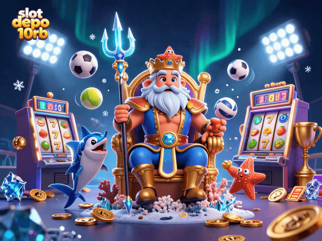 Spin the reels with slot depo 10rb while Neptune and friends enhance your gaming experience in this vibrant scene.