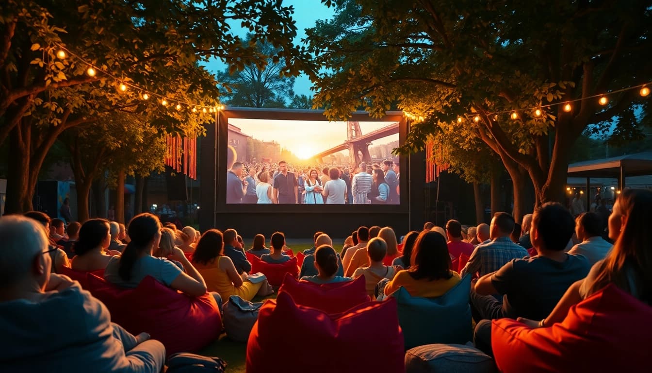 Watch ดูหนัง under the stars at an outdoor cinema with vibrant decorations and an engaged audience.