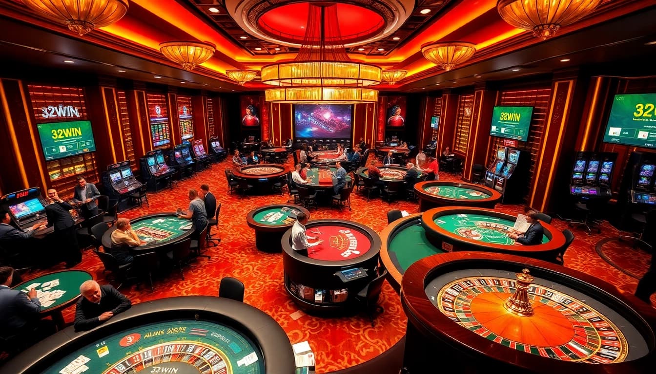 Engaged players enjoying the excitement of gambling at https://32win.capital casino tables and slot machines.