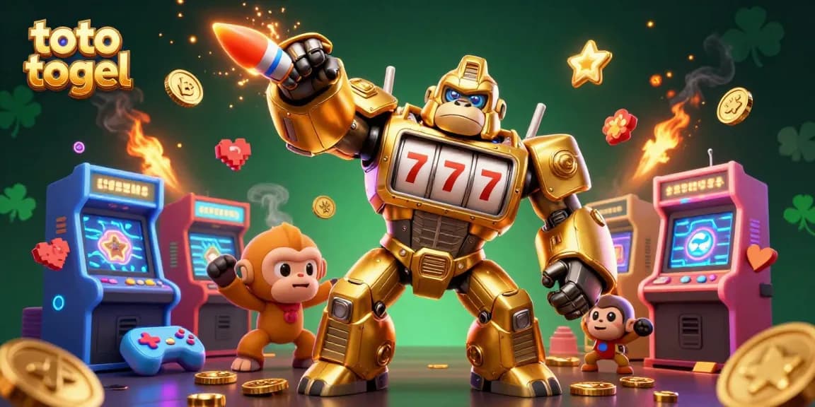 Engage in thrilling toto togel gaming with a dynamic golden gorilla mech and vibrant arcade elements.