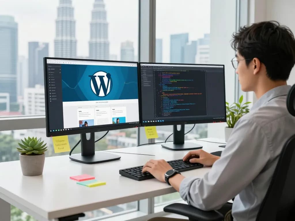 Freelance web developer Kuala Lumpur working on WordPress design in bright modern office.