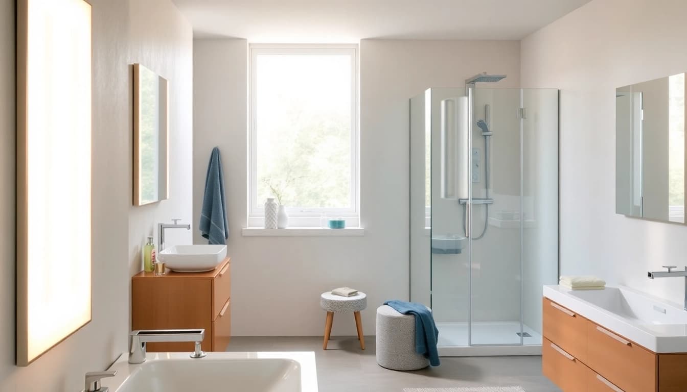 Aménagement élégant avec produits sirhona France dans une salle de bain moderne.