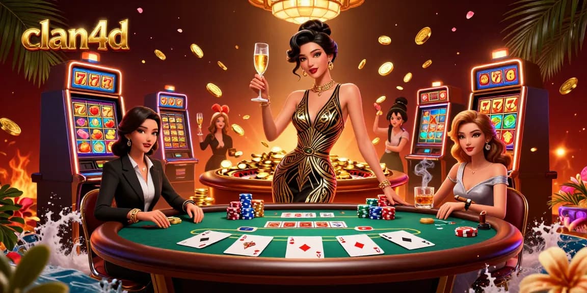 Engage in thrilling gameplay at clan4d with vibrant slot machines, gold coins, and glamorous casino ambiance.