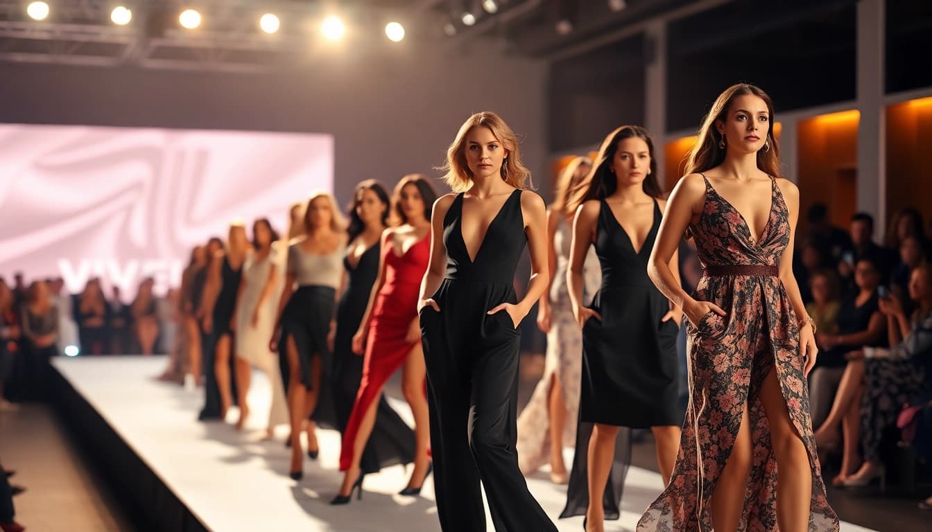 Models showcasing elegant Rivelle fashion at a vibrant runway event, highlighting sophistication and style.