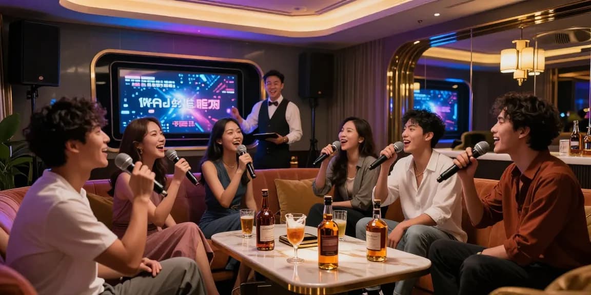 강남 가라오케의 화려한 프라이빗 룸에서 친구들과 함께 노래하며 즐거운 시간을 보내는 모습