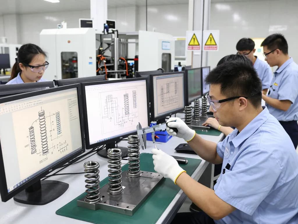 Inginerii lucrează la producția de Arcuri torsiune într-o instalație modernă de fabricație