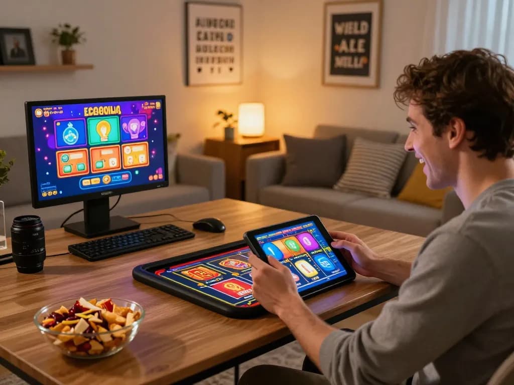 Player enjoying FAFA828 slot games on a tablet in a cozy home setting with snacks and engaging ambiance.