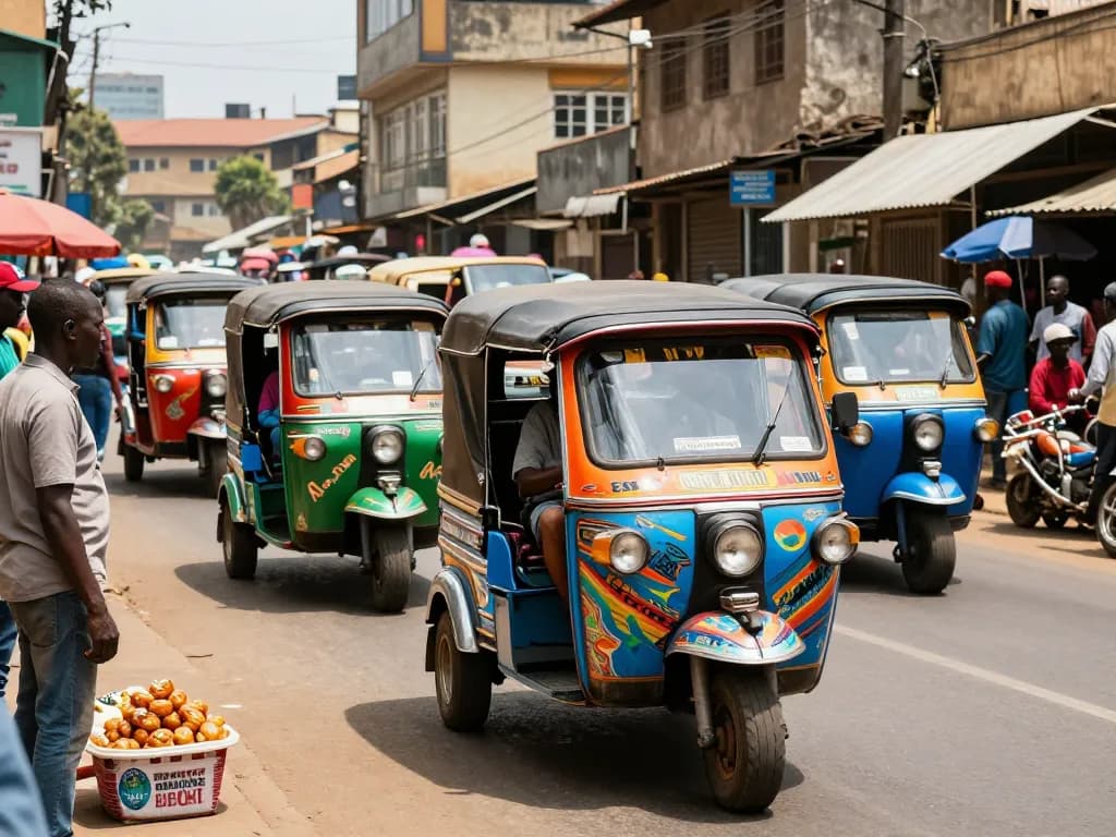 Tuk tuk chaos in Kenya as vibrant vehicles navigate busy streets filled with drivers and pedestrians.