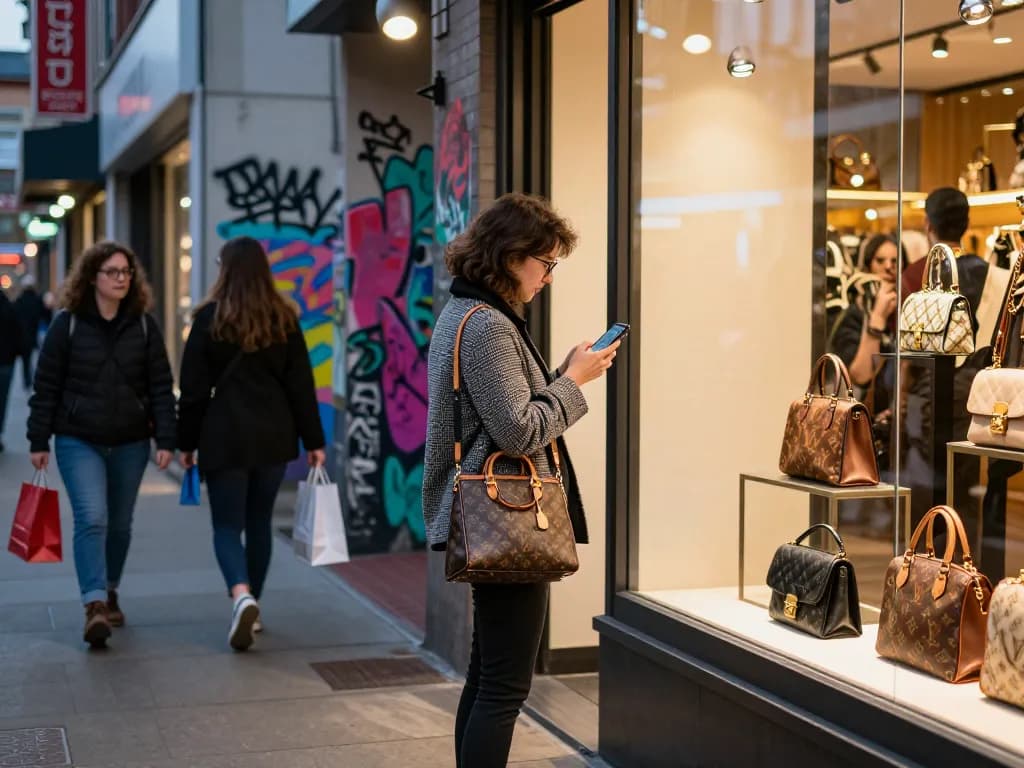 Engaging scene of a stylish individual at a 레플리카 사이트 showcasing designer replicas in an urban environment.