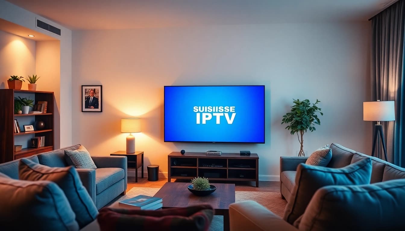 Suisse IPTV home entertainment setup showcasing a modern 4K TV in a cozy living room.