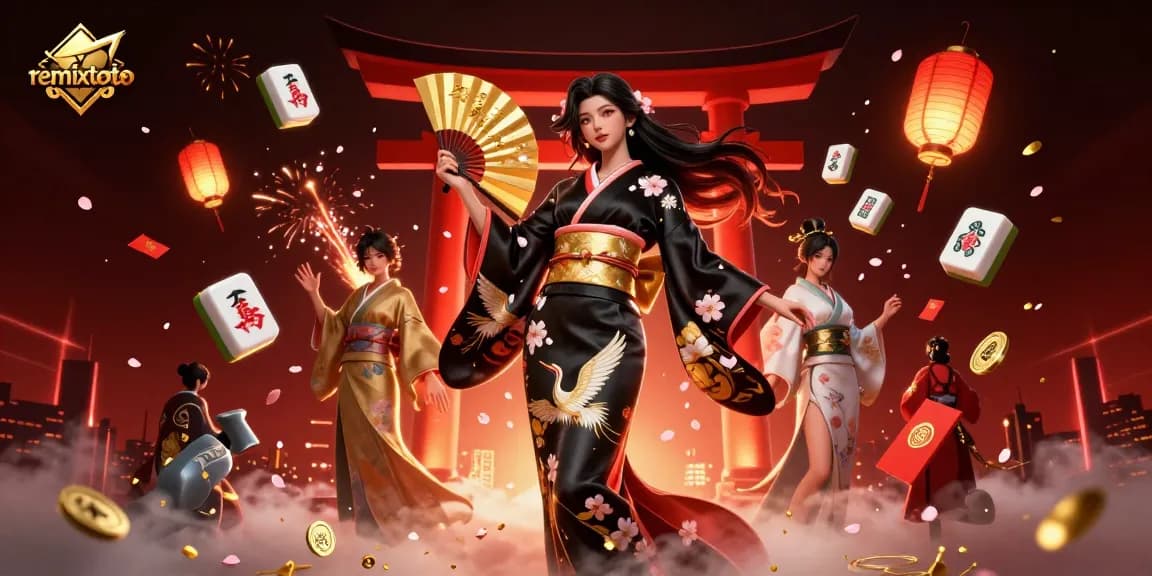 Experience the excitement of remixtoto with a dynamic illustration of elegant Asian characters amidst floating mahjong tiles.