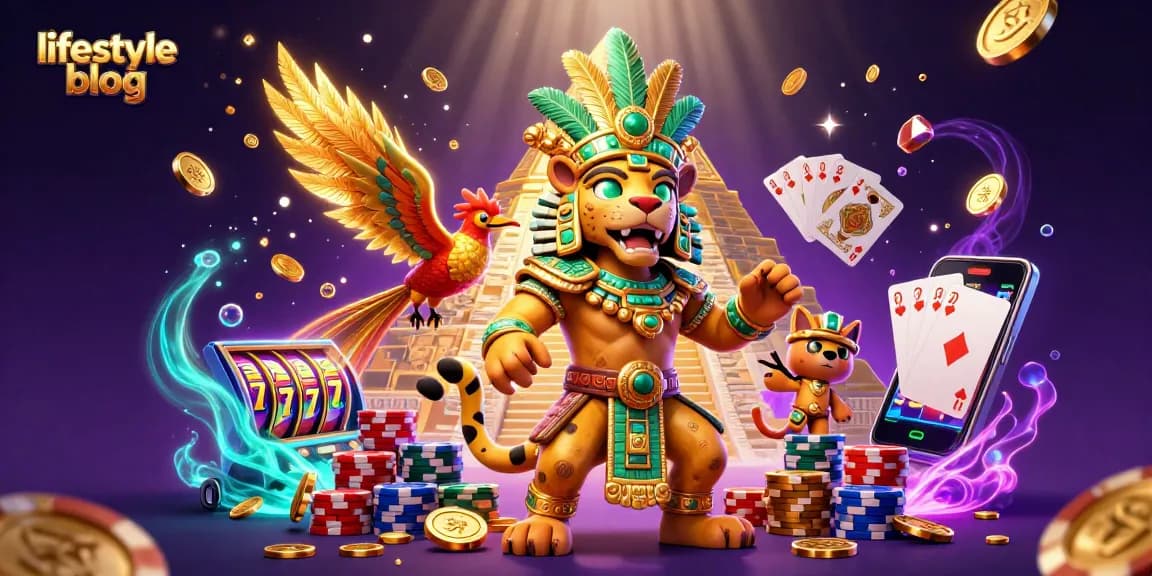A lifestyle blog showcasing a vibrant 3D casino scene with a Mayan priest, golden coins, and lively slot machines.