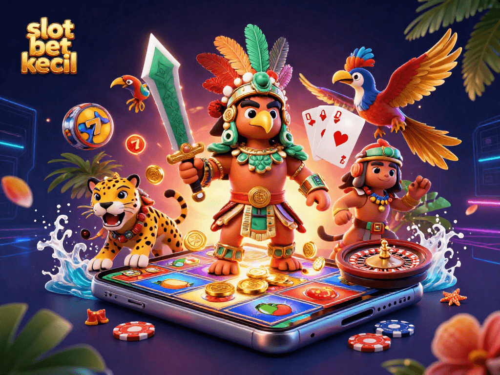 Engage with slot bet kecil in this vibrant 3D casino illustration featuring Aztec warriors and dynamic game elements.
