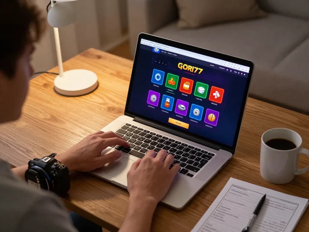 Play the exciting gori77 casino games with strategy notes beside a laptop in a cozy home setting.