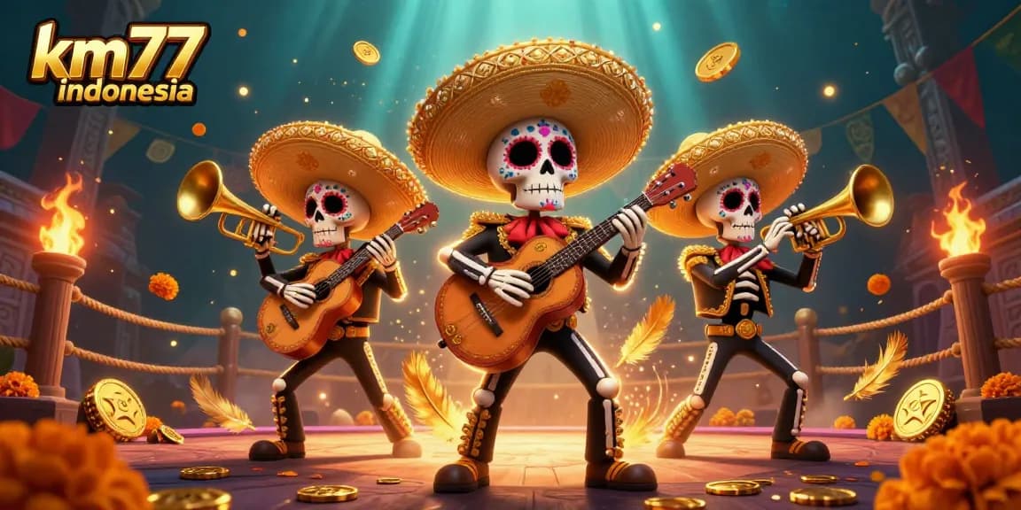 Betting with km777 indonesia at a vibrant casino scene featuring a Day of the Dead mariachi band.
