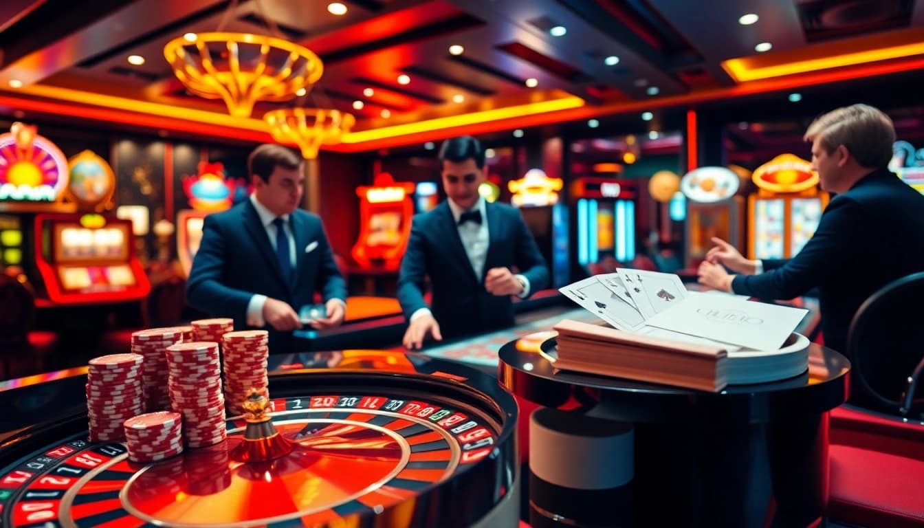 An engaging scene showcasing excitement at the casino tables at https://nk88.sa.com/, with players immersed in gambling action.