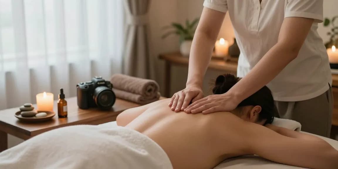 역삼동마사지와 함께하는 편안한 스파 치료 장면, 아로마 오일과 촛불이 있는 아늑한 마사지룸