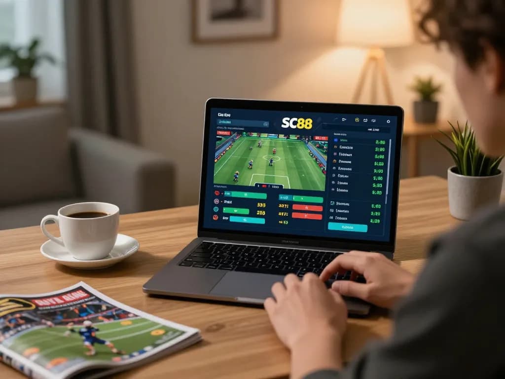Engaging in online sports betting on SC88 with live match odds displayed on laptop.