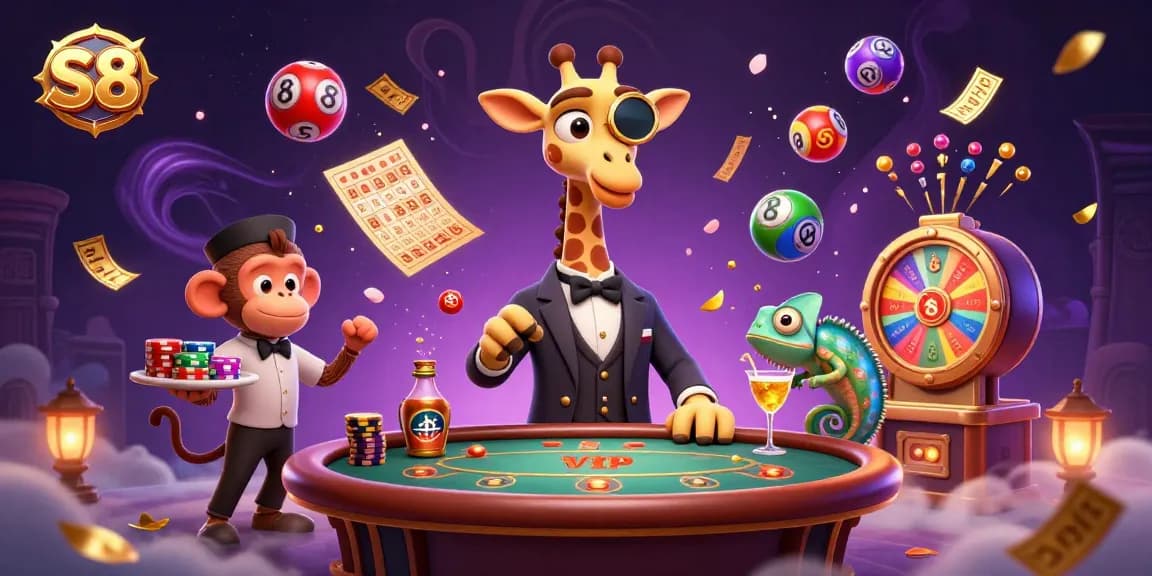 S8 gaming features a high-roller giraffe at a VIP poker table surrounded by vibrant casino elements and colorful lottery balls