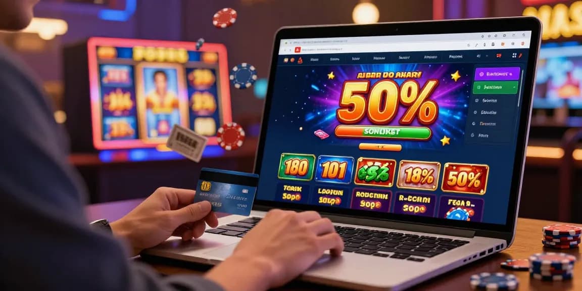 Engaging scene of a player utilizing credit card casinos at a modern online casino on a laptop amidst vibrant slot game graphics.