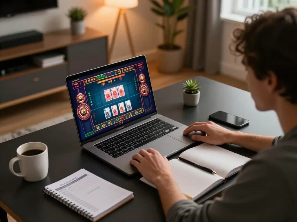 Engaging online gambling session at home featuring king33 live dealer game interface with vibrant visuals and strategic notes