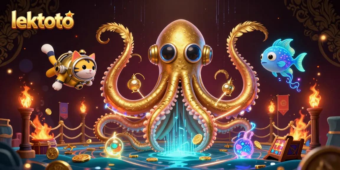 Engage with lektoto at this vibrant 3D illustration of gaming action featuring a kraken and diving cat.