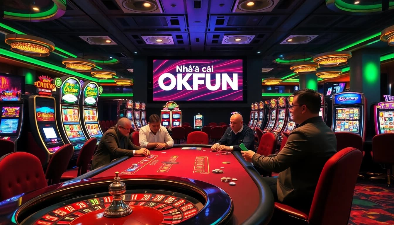 Players engaging at Nhà cái OKFUN's luxurious online gaming table with vibrant casino elements.