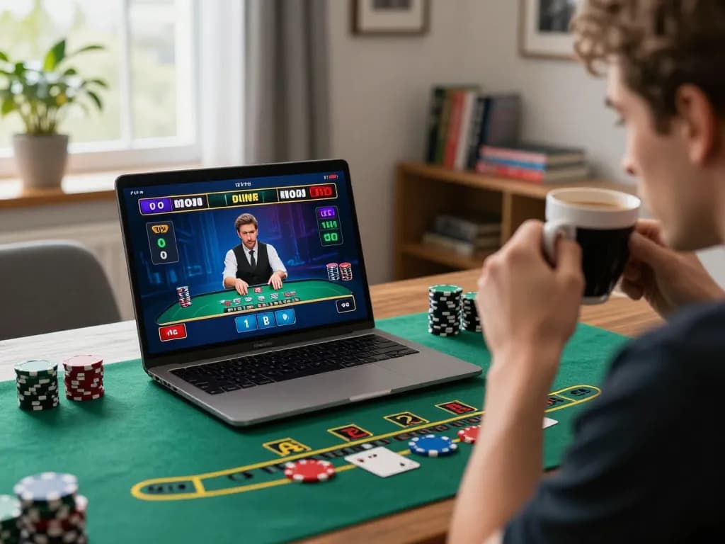 Engaging in live dealer blackjack on shbet com from a cozy home setup, highlighting responsible online gaming.