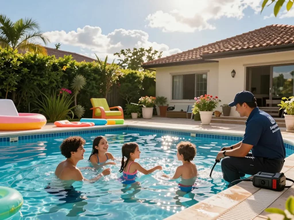 Dolphin Pool Services technician performing leak detection near a vibrant residential pool, ensuring quality maintenance.
