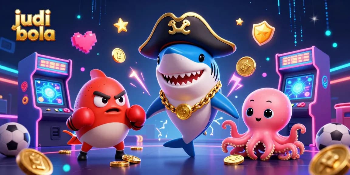 Engage in judi bola with a dynamic scene of characters including a shark and octopus surrounded by sports elements.