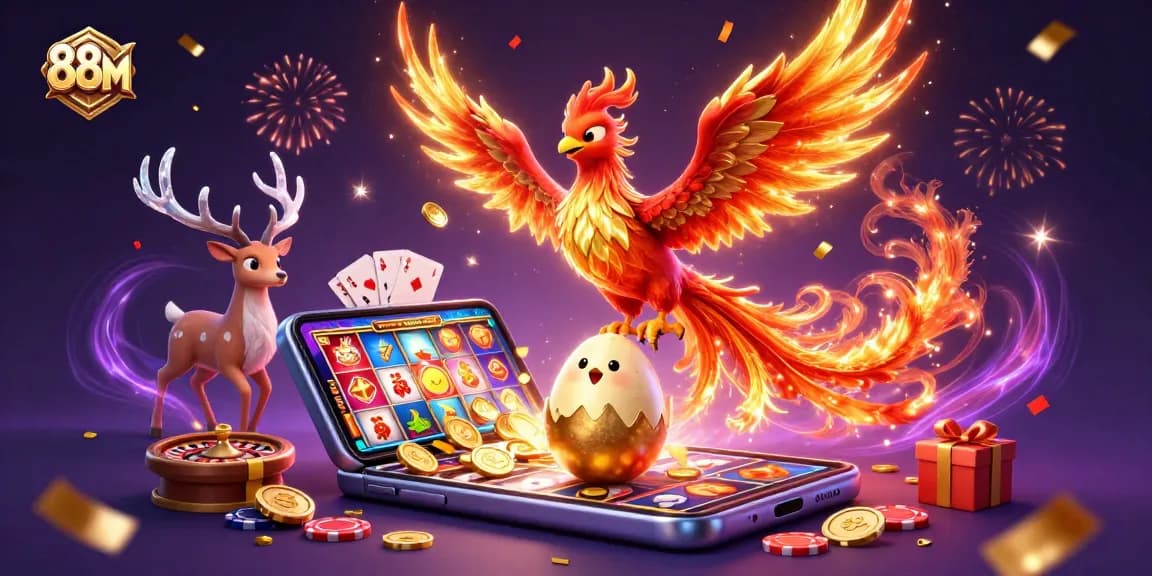 Experience the thrill of 88 M casino gaming with a vibrant phoenix scene filled with dynamic slots and treasures.