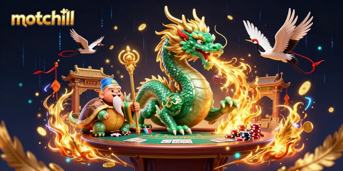 Experience the excitement with motchill's gambling scene featuring a jade dragon, turtle sage, and lucky cranes.
