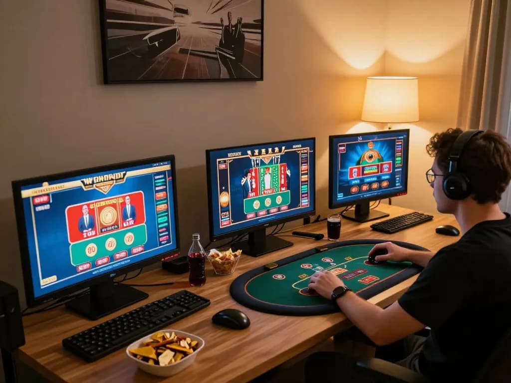 king33 online gaming experience with multiple screens showcasing poker and slots in a cozy home setup