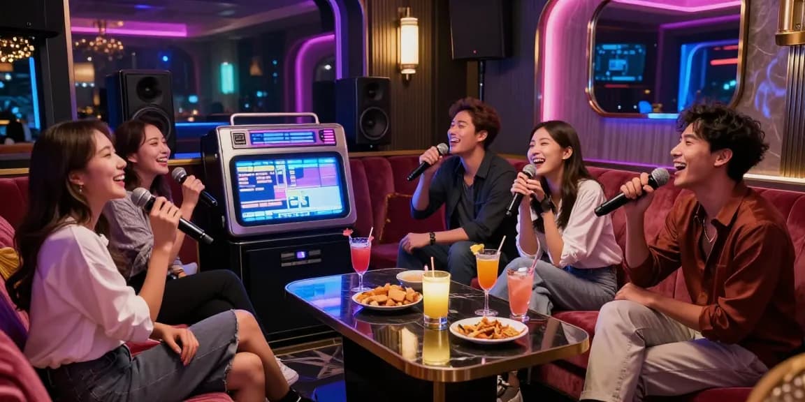 강남쩜오의 프리미엄 룸에서 즐거운 노래를 부르는 친구들 모습