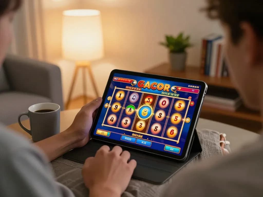 Engaging home scene with player enjoying slot gacor gameplay on tablet during cozy evening.