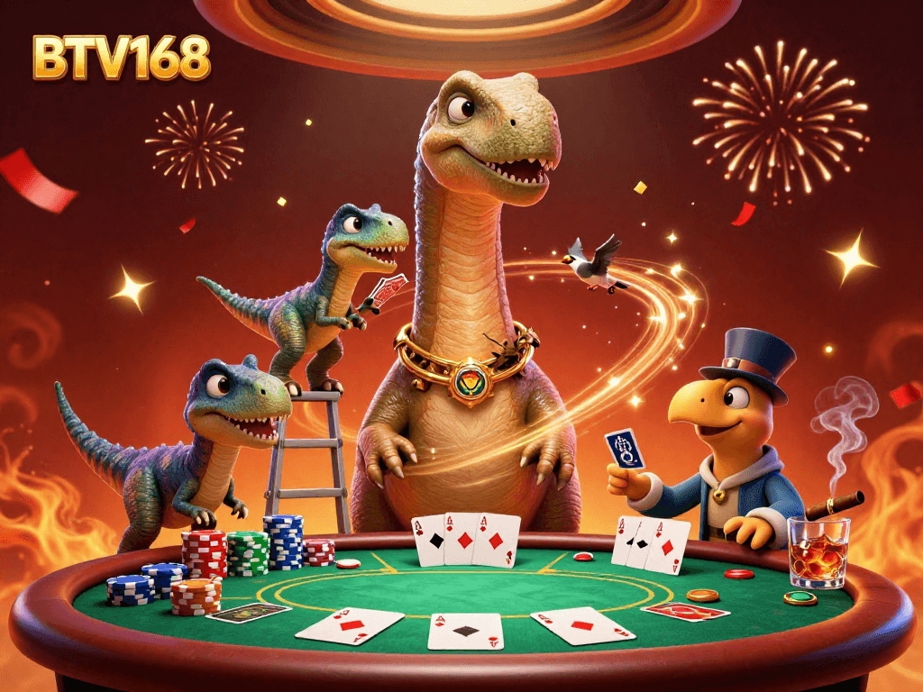 Experience a thrilling poker scene with BTV168 as a dinosaur dealer and colorful chips.