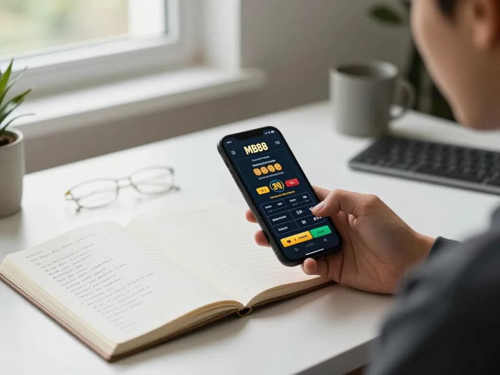 Engaged user placing bets through the mb88-bm app on a smartphone in a home office setup.
