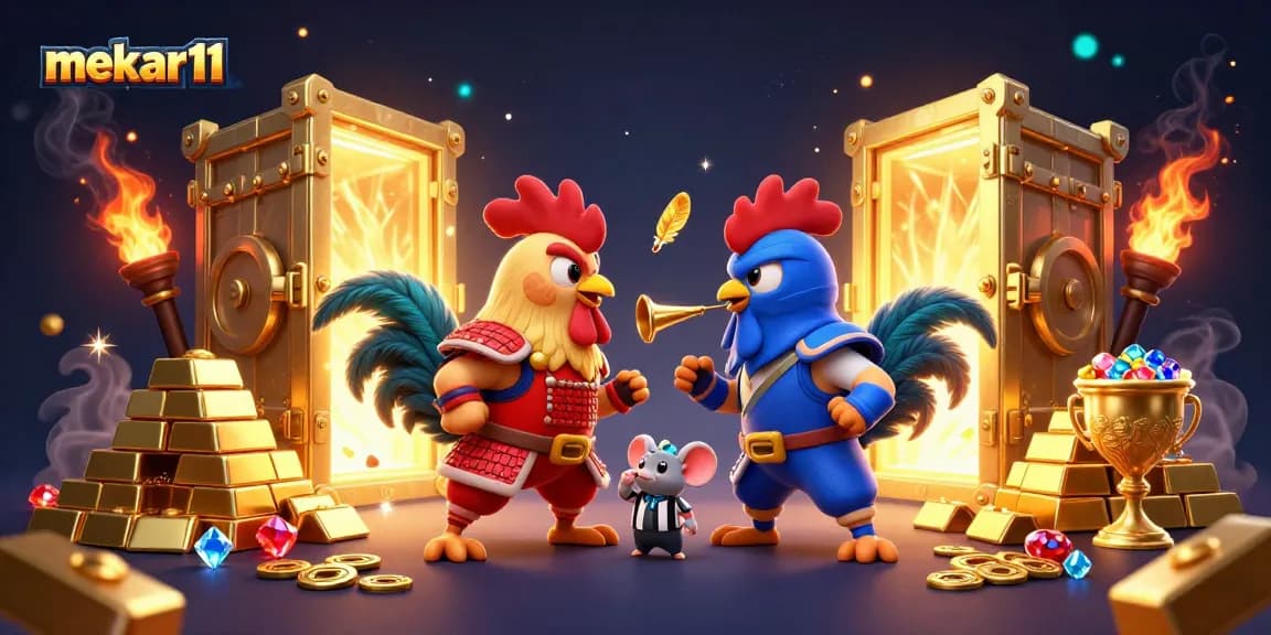 Engage with mekar11 in an action-packed gambling scene featuring colorfully armored roosters and treasure.