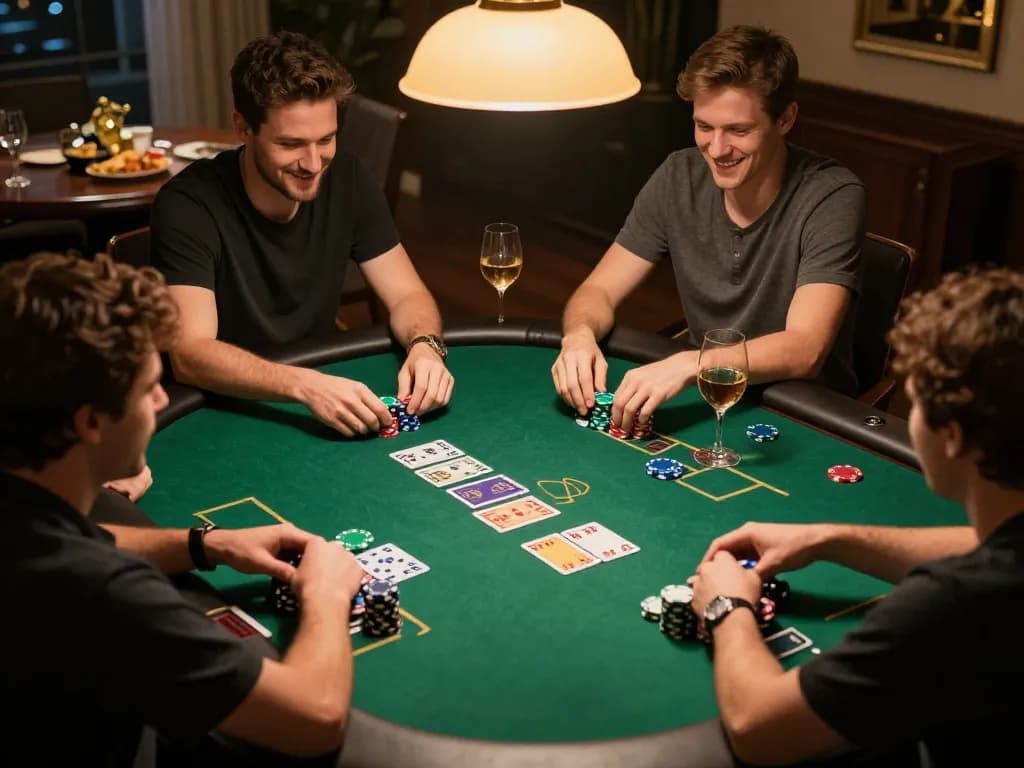 Players enjoying Texas Hold'em with chips and cards at a cozy home gathering, showcasing 388bet gaming strategy.