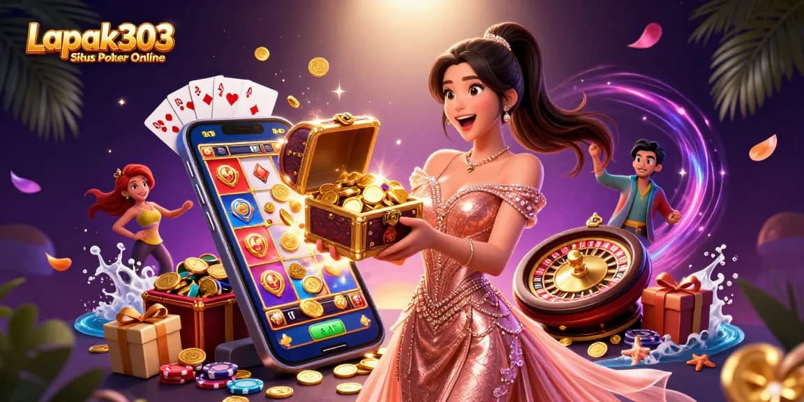 Play poker online at Lapak303 Situs Poker Online while enjoying a vibrant 3D digital casino scene.